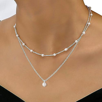 Gold Pearl Necklace For Women - 14K Gold Plated Layered Herringbone Chain Pearl Necklace, Trendy Simple Gold Jewelry Gift - color: Layered Satellite Pearl-Silver
