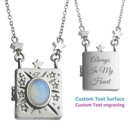 Personalized Color Print Photo Locket Custom Text Engraved Pendant Gold Tone Opal Star Moon Charm Necklace Gift - style: Text (Silver)