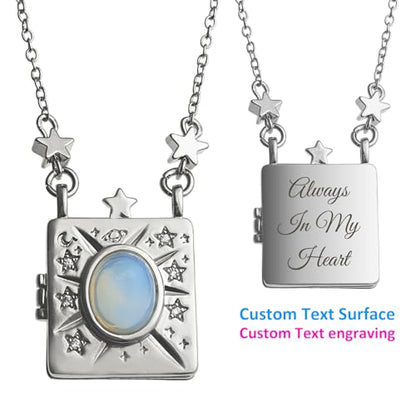 Personalized Color Print Photo Locket Custom Text Engraved Pendant Gold Tone Opal Star Moon Charm Necklace Gift - style: Text (Silver)