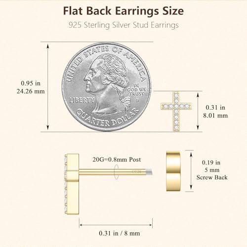 JIAYIQI Minimalist 925 Sterling Silver Stud Earrings Set, 14K Gold Plated Hypoallergenic Tiny Bar Dot Heart Star Studs for Women & Men - style: Gold-Cross-Flatback-1 Pair