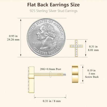 JIAYIQI Minimalist 925 Sterling Silver Stud Earrings Set, 14K Gold Plated Hypoallergenic Tiny Bar Dot Heart Star Studs for Women & Men - style: Gold-Cross-Flatback-1 Pair