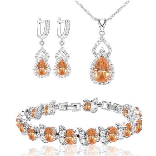 LMXXVJ Women Jewelry Set Platinum Plated Necklace Open Ring Earrings Bracelet Set,Birthday/Anniversary Mother’s Day Jewelry Gifts for Mom/Wife/Sister/Best Friend - color: White Gold-Champagne-No Ring