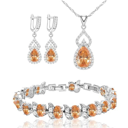 LMXXVJ Women Jewelry Set Platinum Plated Necklace Open Ring Earrings Bracelet Set,Birthday/Anniversary Mother’s Day Jewelry Gifts for Mom/Wife/Sister/Best Friend - color: White Gold-Champagne-No Ring