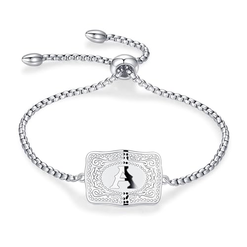 Belt Buckle Initial Bracelet for Women, 18K Gold/Silver Plated Belt Buckle Initial A-Z Bracelet, Unique Western Style Jewelry Gifts for Women Men - style: A.