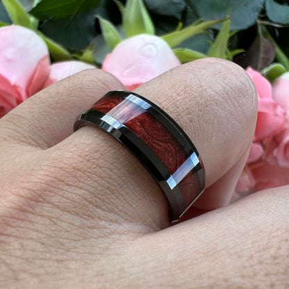 TUTISS 8mm Black Tungsten Rings for Men Women Flowing Sand Inlay Fashion Engagement Promise Wedding Band Beveled Polished Shiny Comfort Fit - color: 8mm Red Sand