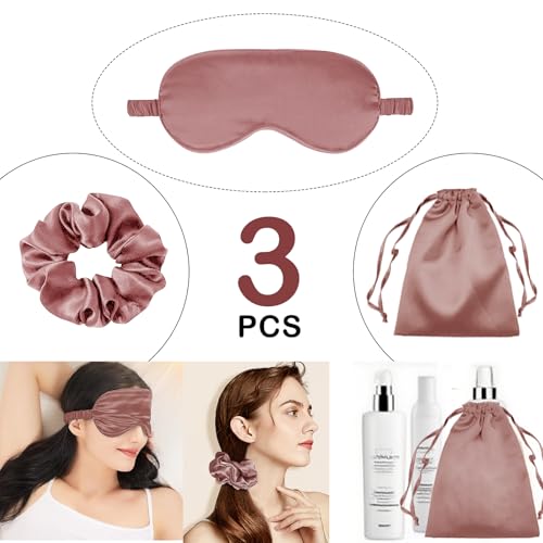 3Pcs Satin Eye Mask Silk Sleep Masks Set Silky Blindfold Eyeshade Blackout Eyes Cover Pouches Bag Scrunchy Wedding Gift - color: Sandalwood