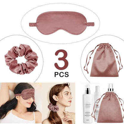 3Pcs Satin Eye Mask Silk Sleep Masks Set Silky Blindfold Eyeshade Blackout Eyes Cover Pouches Bag Scrunchy Wedding Gift - color: Sandalwood
