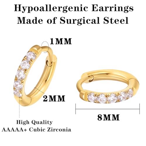 316L Surgical Steel Huggie Hoop Earrings | Dainty Pave Cubic Zirconia Cartilage Tiny Earring for Sensitive Ears Hypoallergenic Lightweight for Women Men - style: Gold Plated,20G*8mm