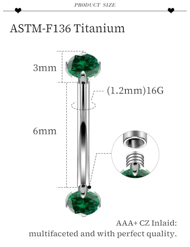 16G Astm F136 Titanium Eyebrow Piercing Jewelry Curved Barbell Eyebrow Ring Vertical Labret Lip Jewelry Daith Rook Earrings Navel Small Belly Button Ring Piercing Jewelry for Women Men CZ - style: 16G, 6MM Length, Green CZ