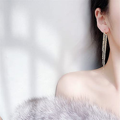 Chic Charm 14k Gold Silver Plated Big Chandelier Tassel Long Chain Geometry Huggie Hoop Dangle Drop Earrings for Women Statement Jewelry Gifts - color: Gold
