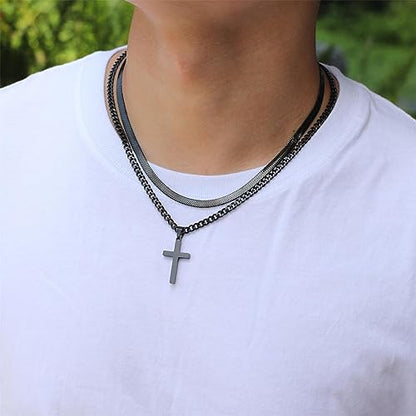 Zocomi Cross Necklace for Men Boys, Stainless Steel Layered Cuban Link Herringbone Chain Cross Pendant Christian Fashion Jewelry Gifts 16-24 Inches - color: Black, size: 16inch/18inch, style: Herringbone+Cuban