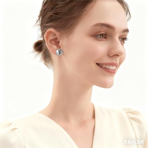 Grey Faux Pearl Stud Earrings, S925 Silver Posts Hypoallergenic for Women - color: Tahitian Platinum Grey, size: 14mm
