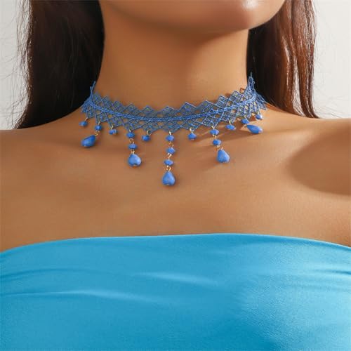 Gothic Necklace for Women Goth Lace Necklace Choker Halloween Witch Accessories Velvet Vampire Jewelry - color: Blue
