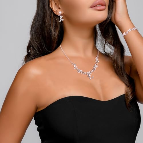 Crysdue Flower Leaf Wedding Jewelry Set for Bridal Bridemaid, Cubic Zirconia Teardrop Elegant Silver/14K/Rose Gold Plated Vine Necklace Dangle Earrings for Prom Party - style: B_Three Set Silver Tone