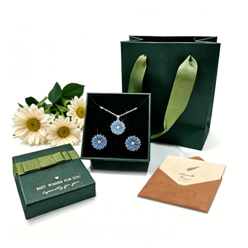 Rotating Sunflower Necklace & Earrings Jewelry Set for women| Gold coating Titanium Alloy with Sparkling Cubic Zirconia| Jewelry box +Tote Bag +3D Card |Gift for Birthday, Anniversary or Mother's Day - color: SpinningDaisy