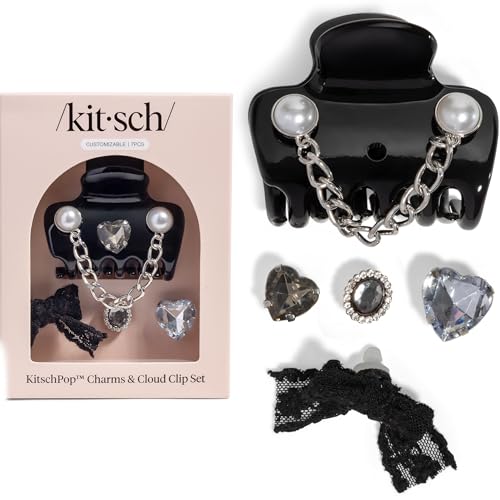 KitschPop ™ Hair Clips For Women with Charm Sets -Vintage Black, 7pcs Set | Customizable Cloud Claw Clip With Interchangeable Collectible Cute Charms – Hair Clips For Styling Updo, Half Updos - color: Vintage Black