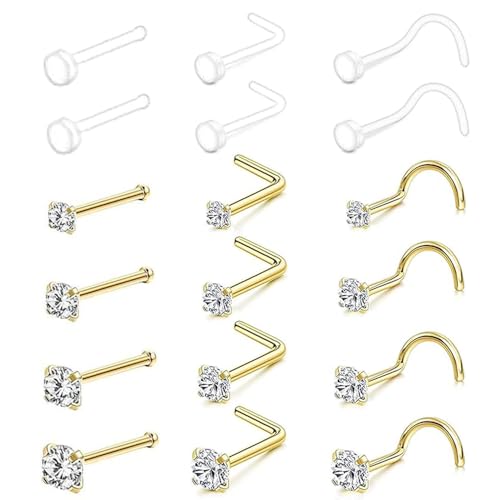 SEEDRILL 18Pcs Nose Rings Studs for Women Men 20G Clear Nose Studs piercing retainers Hypoallergenic 316L Surgical Steel Nose Piercings Jewelry Nose Ring L Shape Nose Stud 20 Gauge Nose Screw Studs - color: Gold