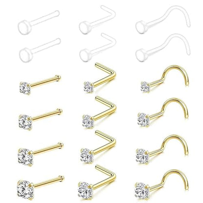 SEEDRILL 18Pcs Nose Rings Studs for Women Men 20G Clear Nose Studs piercing retainers Hypoallergenic 316L Surgical Steel Nose Piercings Jewelry Nose Ring L Shape Nose Stud 20 Gauge Nose Screw Studs - color: Gold