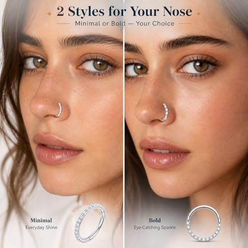 2PCS 16G Titanium Nose Rings for Women, Nostril and Septum | F136 Implant Grade Titanium, Hypoallergenic, 1.2 mm ×8 mm, Faceted and CZ Hinged Clicker Hoops for Nostril or Septum - color: Style A Silver-10mm