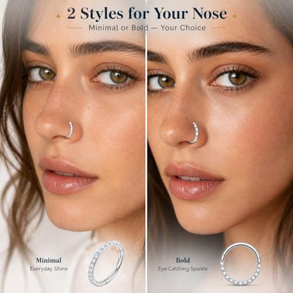 2PCS 16G Titanium Nose Rings for Women, Nostril and Septum | F136 Implant Grade Titanium, Hypoallergenic, 1.2 mm ×8 mm, Faceted and CZ Hinged Clicker Hoops for Nostril or Septum - color: Style A Silver-10mm