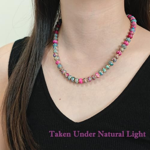 Boho Gemstone Beaded Necklace for Women – Colorful Natural Stone Choker 18K Solid Heart-Shaped Pendant, Summer Beach Jewelry - color: Imperial Jasper