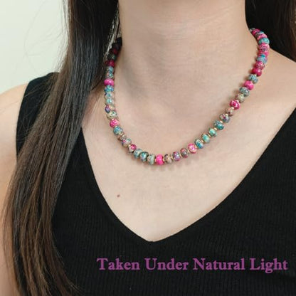 Boho Gemstone Beaded Necklace for Women – Colorful Natural Stone Choker 18K Solid Heart-Shaped Pendant, Summer Beach Jewelry - color: Imperial Jasper