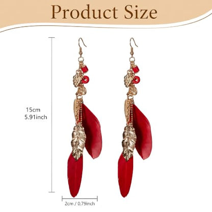 FRESHME Native American Earrings for Women - Ethnic Boho Feather Dangle Jewelry with Tessel for Birthday Party Photoshoot - color: Red