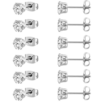 MDFUN 6 Pairs Stud Earrings Sets 3-8MM 18K Gold Plated Round 5A+ Cubic Zirconia Earrings Hypoallergenic CZ 6 Prong Ears Jewelry for Women - color: 7MM-White Gold
