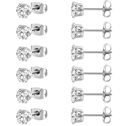 MDFUN 6 Pairs Stud Earrings Sets 3-8MM 18K Gold Plated Round 5A+ Cubic Zirconia Earrings Hypoallergenic CZ 6 Prong Ears Jewelry for Women - color: 7MM-White Gold