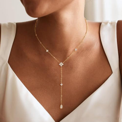 Long Necklaces for Women, Cute 14K Gold Plated CZ Drop Necklace | Dainty Gold Necklace, Simple CZ Teardrop Clover Y Shaped Lariat Necklace,Statement Non Tarnish Necklace, Trendy Gold Jewelry - color: Gold-Drop 2