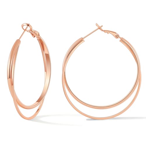 Gacimy Criss Cross Hoop Earrings for Women, 14K Gold Plated Hoops | Hypoallergenic 3mm Wide Double Layer Crossover Hoop Earrings with Lightweight Statement Design, Fashion Gift for Women - color: Rose Gold, size: 40mm