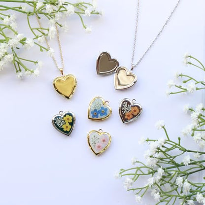 Handmade Heart Shaped Dried Pressed Forget Me Not Flower Photo Locket Pendant Necklace - color: Silver, style: ORANGE+BROWN