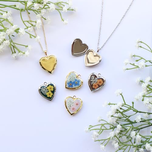 Handmade Heart Shaped Dried Pressed Forget Me Not Flower Photo Locket Pendant Necklace - color: Silver, style: YELLOW+DG