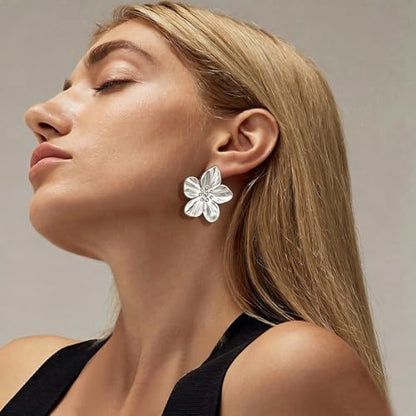 Chunky Gold Earrings For Women Trendy Statement Gold Plated Flower Shell Knot Dangle Earrings Lightweight Hypoallergenic Fashion Jewelry Set - color: Silver
