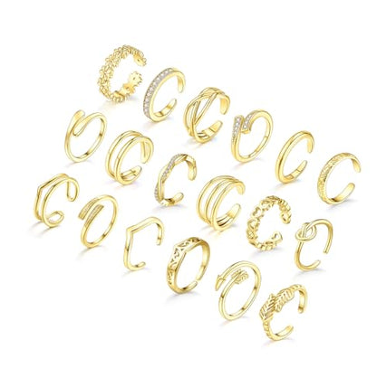 WAINIS 18Pcs Toe Rings for Women | 14K Gold Silver Plated Adjustable Toe Ring,Non Tarnish Simple Hug CZ Triple Open Band Toe Rings,Summer Beach Foot Jewelry - color: gold1