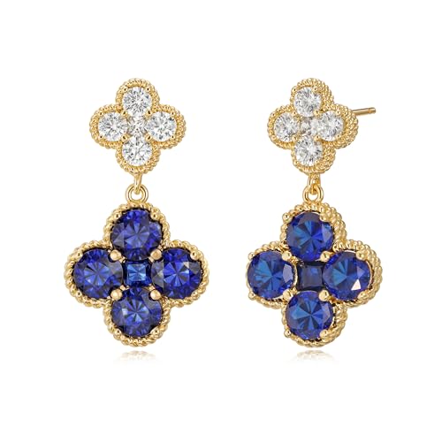 MTMY Dangle Earrings for Women 14K Gold Plated Four Leaf Clover Dangling Drop Birthstone Stud Earrings Trendy Flower Birthstone Jewelry Birthday Gifts - style: Sep.-Sapphire