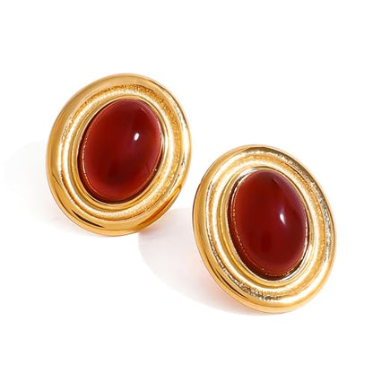 RAUCHBE Big Chunky Gold Earrings for Women Vintage Black Oval Earring Onyx Statement Earrings Trendy Jewelry - style: Red