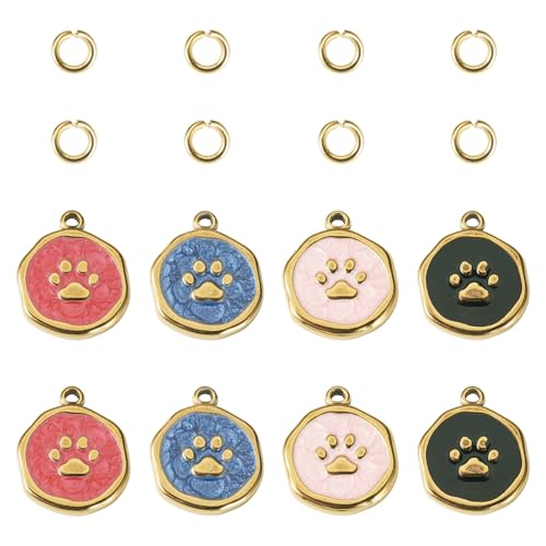 8Pcs Flat Round Dog Paw Print Enamel Charms Pendant, Cute Animal Footprint Golden Stainless Steel Dangle Charm with Jump Ring for DIY Necklace Earring Keychain Jewelry Making - color: Dog Paw Print