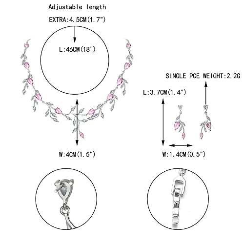 Cubic Zirconia Leaf Vine Wedding Jewelry Set for Bride Women Bridesmaid | Pear-Shaped Birthstone, Necklace Dangle Earrings for Bridesmaid, Silver-Plated-Brass - color: 2pcs_Pink