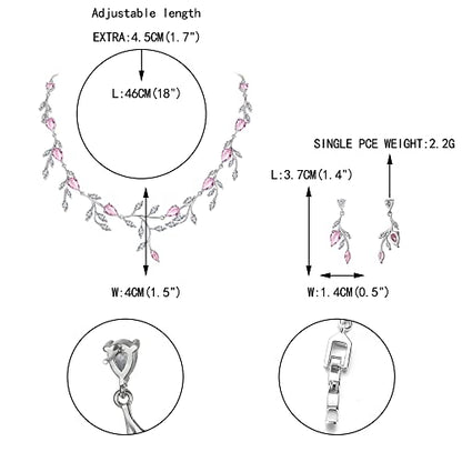 Cubic Zirconia Leaf Vine Wedding Jewelry Set for Bride Women Bridesmaid | Pear-Shaped Birthstone, Necklace Dangle Earrings for Bridesmaid, Silver-Plated-Brass - color: 2pcs_Pink