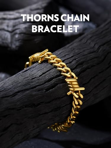 Bandmax Barbed Wire Chain Bracelets for Men Women Stainless Steel/Black/Gold Thorn Cuban Link Bracelet Adjustable Punk Emo Style Jewelry Gift - color: 03 9MM-Gold Plated