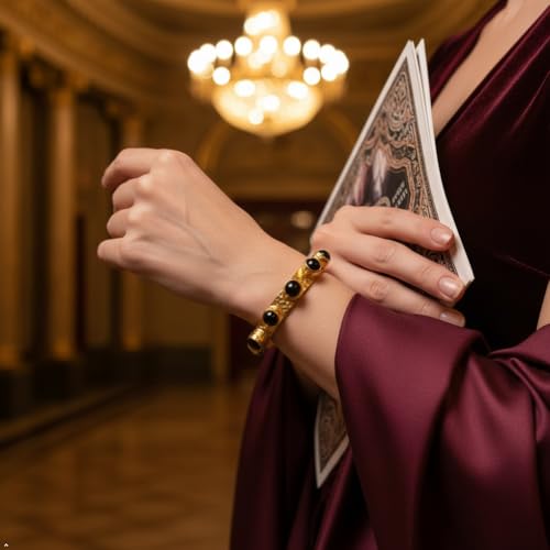 Luxury Gold Plated Cuff Bracelet for Women, Bohemian Style with Black Onyx Stones, Adjustable Statement Bangle for Women, Hammered Finish
