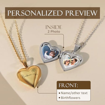 Personalized Heart Locket Necklace Customize Photo 925 Sterling Silver Picture Locket Necklace for Women Girls kids Engraved Birth Flower and Text Birthday Christmas Gifts for Women Girls Kids - color: Heart Rose Gold