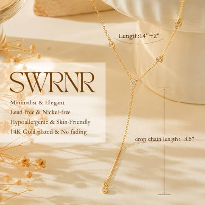 Lariat Necklace for Women, Dainty 14K Gold/Silver Plated Long Necklaces for Women Trendy Simple Layered Y-Shaped Pendant Necklace Adjustable Fashion Jewelry Gift - color: Gold, style: CZ Y Necklace