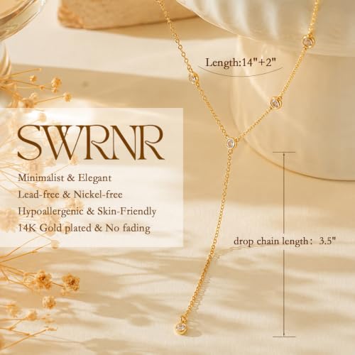 Lariat Necklace for Women, Dainty 14K Gold/Silver Plated Long Necklaces for Women Trendy Simple Layered Y-Shaped Pendant Necklace Adjustable Fashion Jewelry Gift - color: Gold, style: CZ Y Necklace