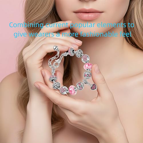 Pink Hearts Silver Plated Charm Bracelet, DIY Jewelry for Women with Beads, Charms, and Adjustable Snake Chain, Fits 7.5"+1.5" - color: Pink, size: 18cm