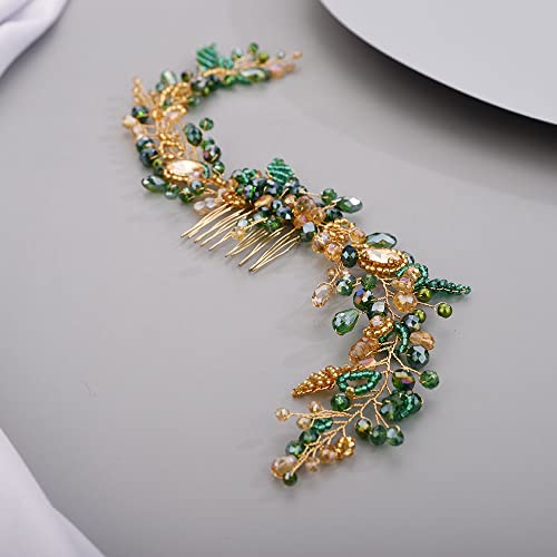 Chargances Wedding Crystal Beaded Hair Vine Comb Bridal Long Pearl Leaf Hair Vine Comb Green Rhinetone Handmade Headpiece Hair Accessories for Wedding Prom Flower Girl (Green-gold) - color: Green-gold