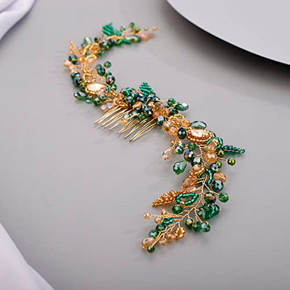 Chargances Wedding Crystal Beaded Hair Vine Comb Bridal Long Pearl Leaf Hair Vine Comb Green Rhinetone Handmade Headpiece Hair Accessories for Wedding Prom Flower Girl (Green-gold) - color: Green-gold
