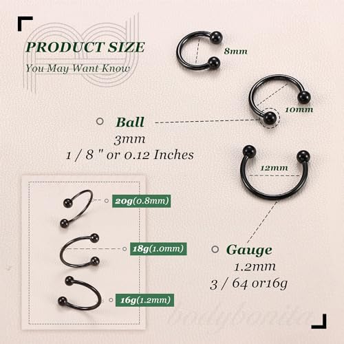 G23 Titanium 14/16/18/20G Septum Rings Horseshoe Nose Ring Jewelry | 2/3Pcs Circular Barbell Spike Lip Body Piercing Jewelry Conch Helix Tragus Earring Silver/Black 8/10/12mm 14K Gold Plated - color: Black-3pcs, size: Balls-3pcs-16g-8/10/12mm