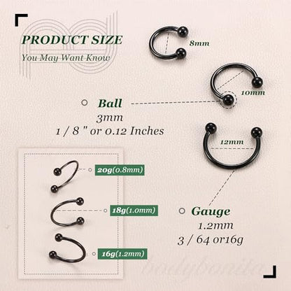 G23 Titanium 14/16/18/20G Septum Rings Horseshoe Nose Ring Jewelry | 2/3Pcs Circular Barbell Spike Lip Body Piercing Jewelry Conch Helix Tragus Earring Silver/Black 8/10/12mm 14K Gold Plated - color: Black-3pcs, size: Balls-3pcs-16g-8/10/12mm